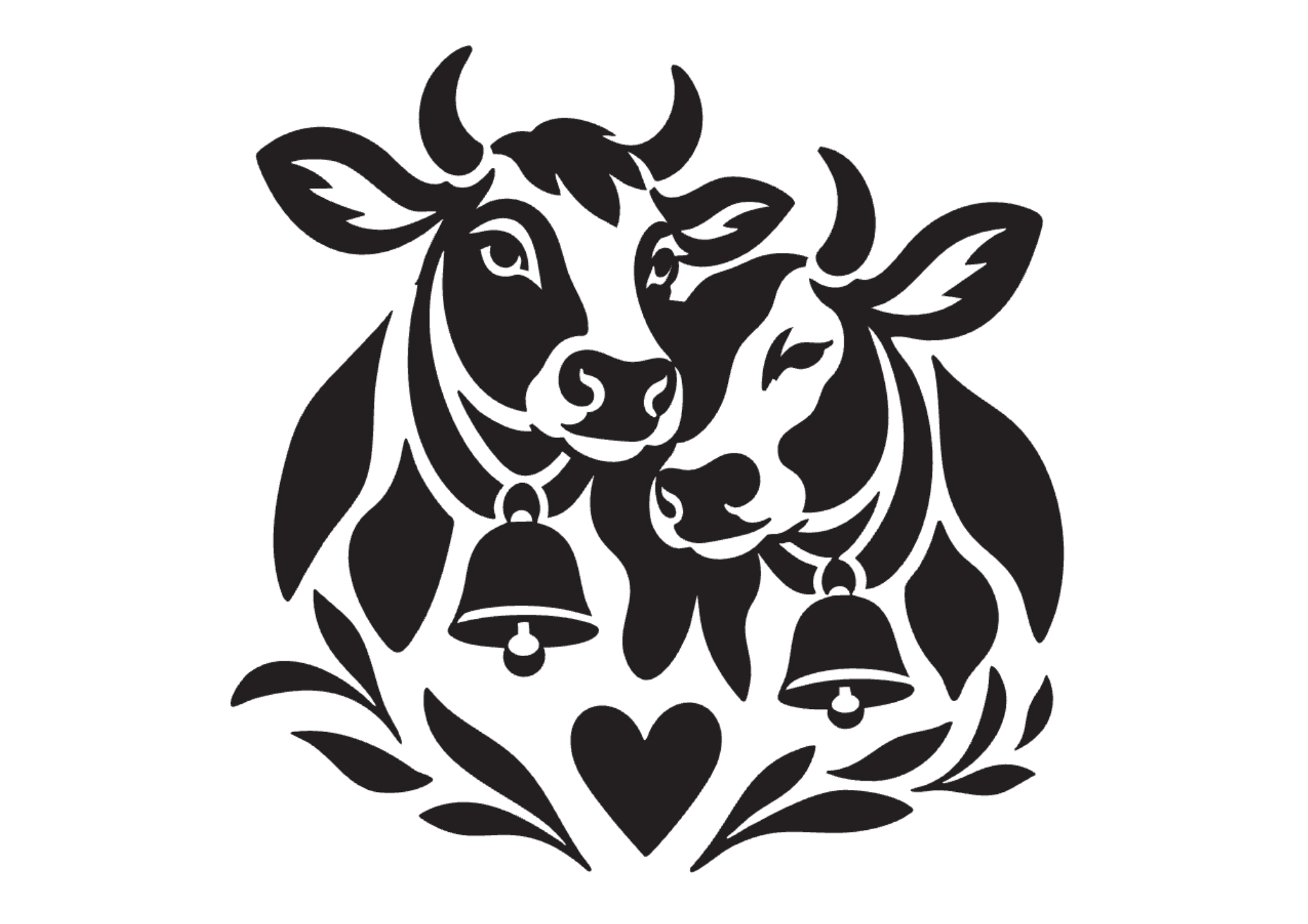 Two Alpine cows with bells, framed by leaves and a heart